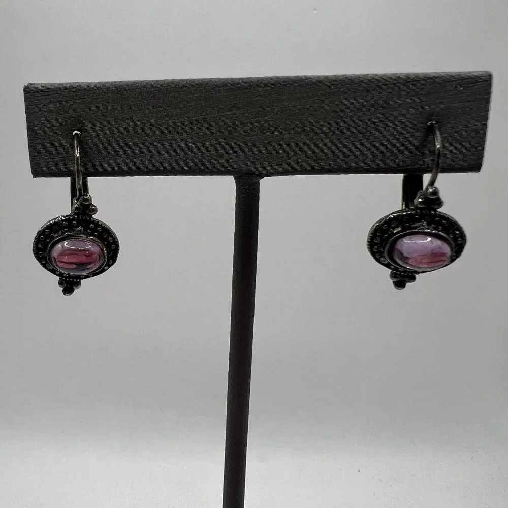 Vintage‎ Pierced Earrings Silver Tone Marcasite Purple Glass Stone